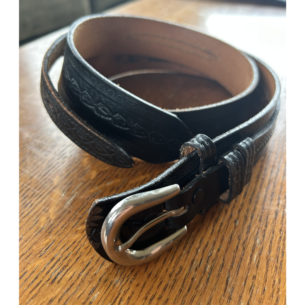 Vintage 90s Western Black Leather Belt Frontier Size 34 Embossed